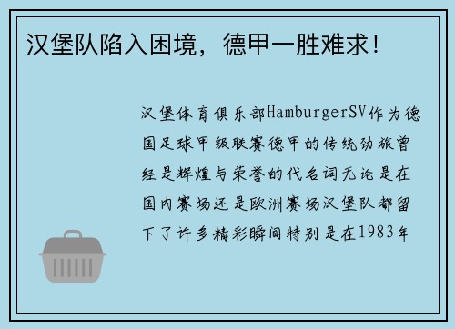 汉堡队陷入困境，德甲一胜难求！