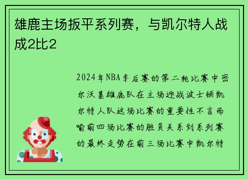 雄鹿主场扳平系列赛，与凯尔特人战成2比2