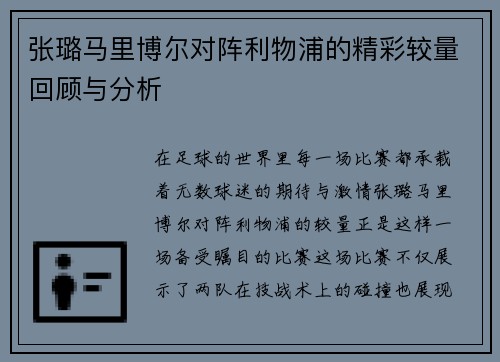 张璐马里博尔对阵利物浦的精彩较量回顾与分析