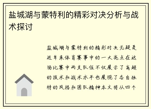 盐城湖与蒙特利的精彩对决分析与战术探讨
