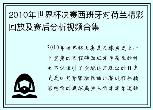 2010年世界杯决赛西班牙对荷兰精彩回放及赛后分析视频合集