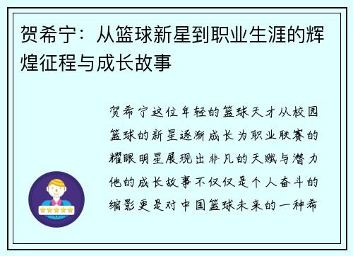 贺希宁：从篮球新星到职业生涯的辉煌征程与成长故事