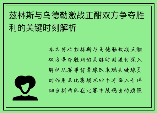 兹林斯与乌德勒激战正酣双方争夺胜利的关键时刻解析