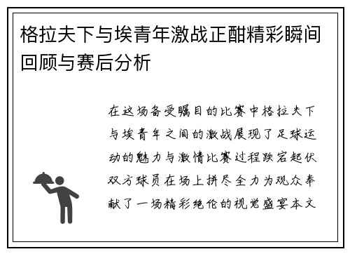 格拉夫下与埃青年激战正酣精彩瞬间回顾与赛后分析