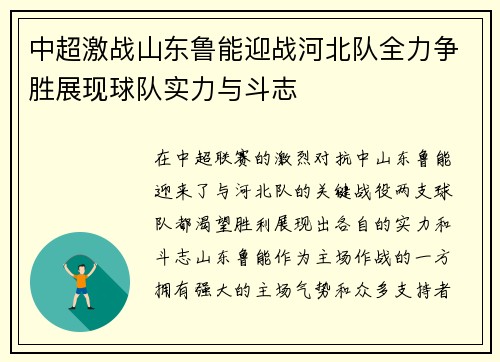 中超激战山东鲁能迎战河北队全力争胜展现球队实力与斗志