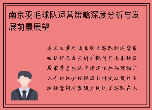 南京羽毛球队运营策略深度分析与发展前景展望
