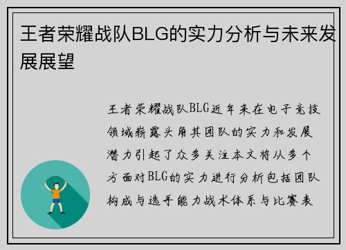 王者荣耀战队BLG的实力分析与未来发展展望