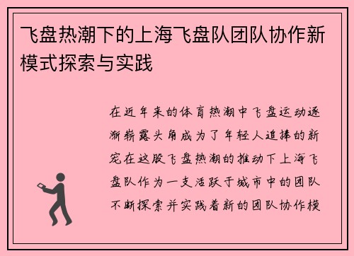 飞盘热潮下的上海飞盘队团队协作新模式探索与实践